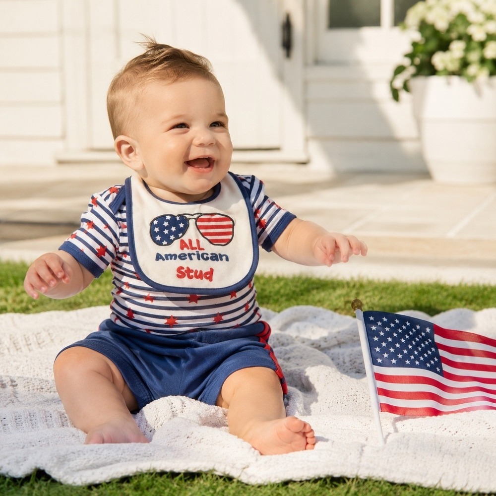 Baby Gear Boys 3Pc‎ Patriotic Outfit Set Stars Stripes Bodysuit Shorts Bib 6-9M